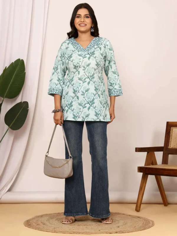 sanganeri handblock top in soft pistachio green
