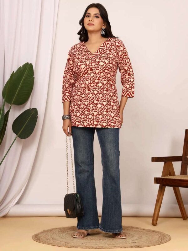 Beige & Maroon Sanganeri Cotton Top - Image 3