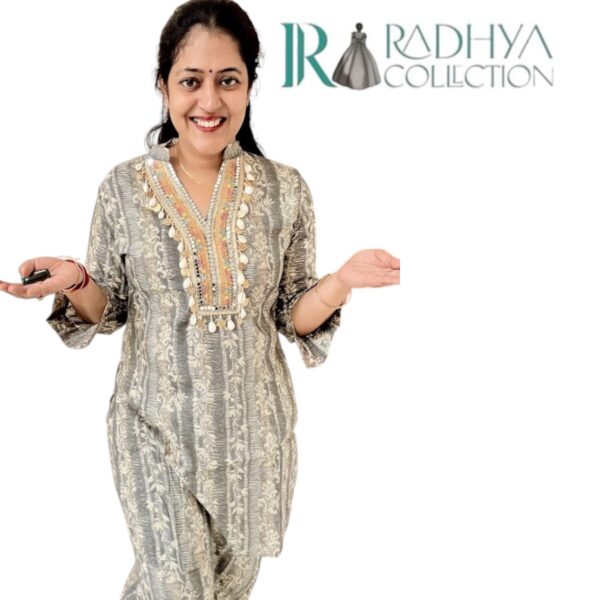 grey block print kurta set with mirror work & shell detailing
