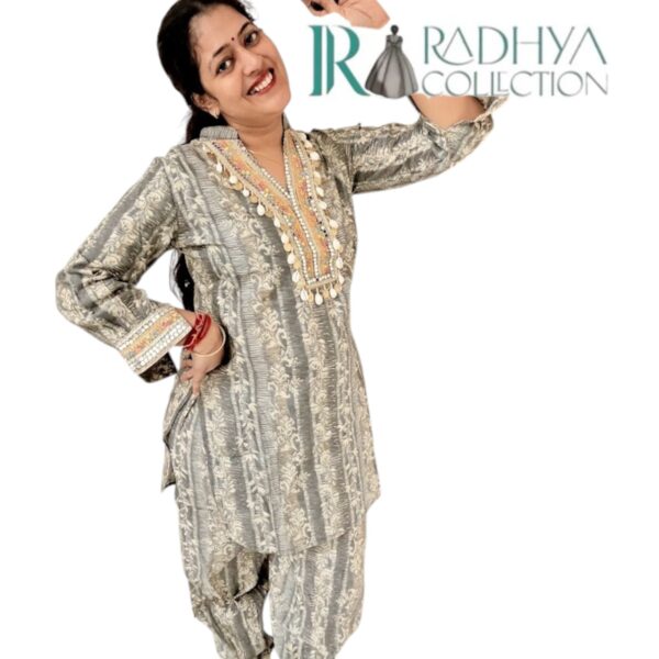 grey block print kurta set with mirror work & shell detailing