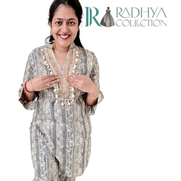 grey block print kurta set with mirror work & shell detailing