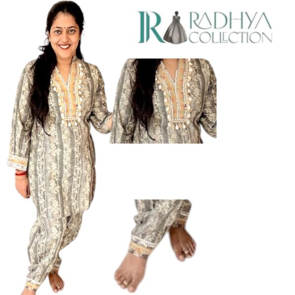 grey block print kurta set with mirror work & shell detailing