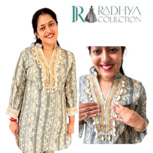 grey block print kurta set with mirror work & shell detailing
