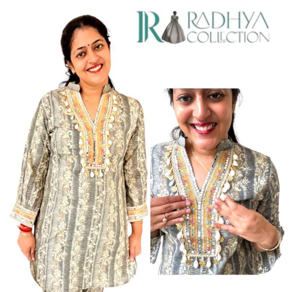 grey block print kurta set with mirror work & shell detailing