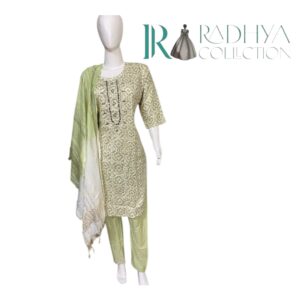 elegant mint green & ivory hand embroidered suit set (3 pc)