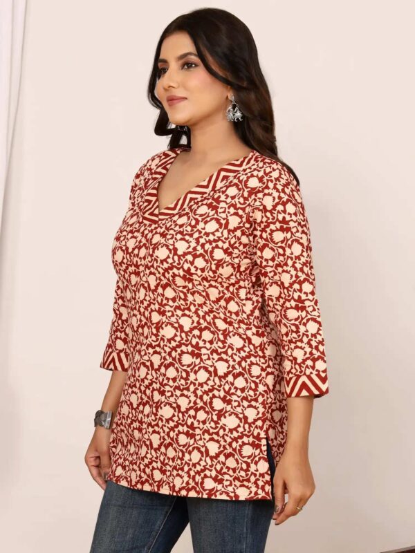 Beige & Maroon Sanganeri Cotton Top - Image 7
