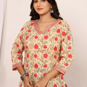 Beige Cotton Top with Red Buti Print
