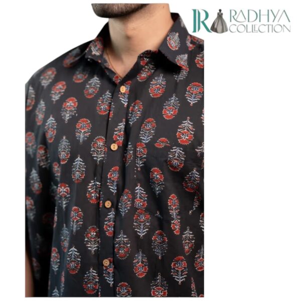noir baagh men's cotton shirt – black & red floral print