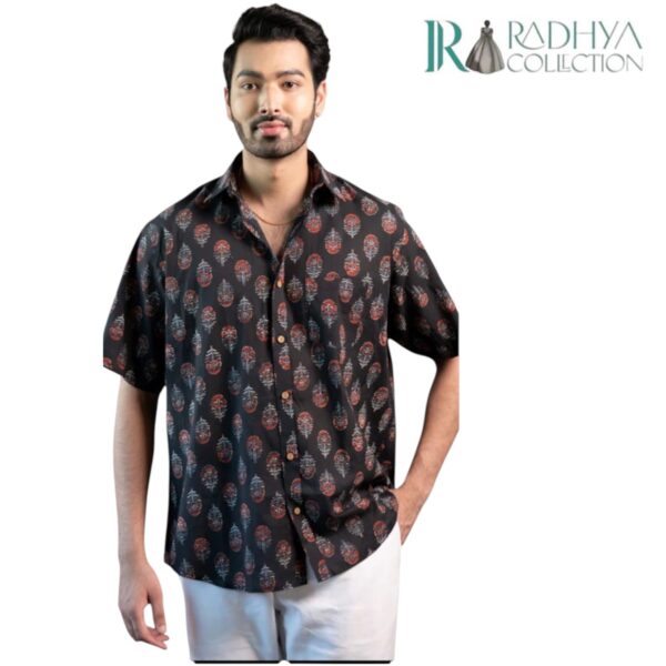noir baagh men's cotton shirt – black & red floral print
