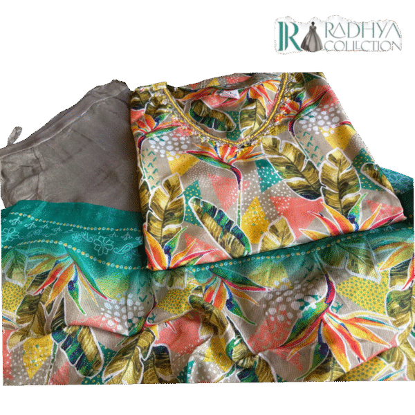 tropical bloom crepe suit set – green & multi