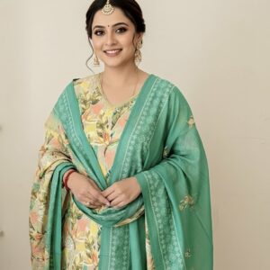 Tropical Bloom Crepe Suit Set -Floral Motif Cotton Kurti Set with Teal Dupatta