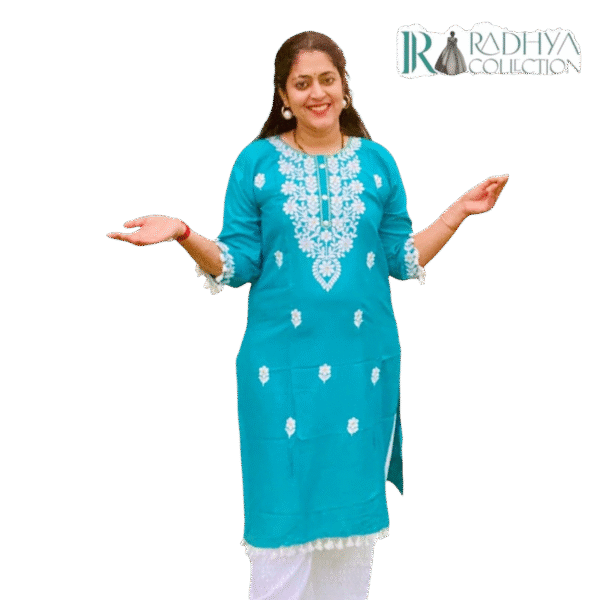 meher embroidered cotton kurti set – turquoise greenish blue & white
