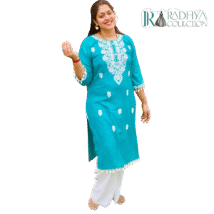 meher embroidered cotton kurti set – turquoise blue & white