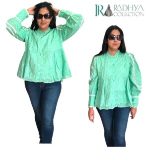 mint mist cotton top – pintuck elegance with lace detail