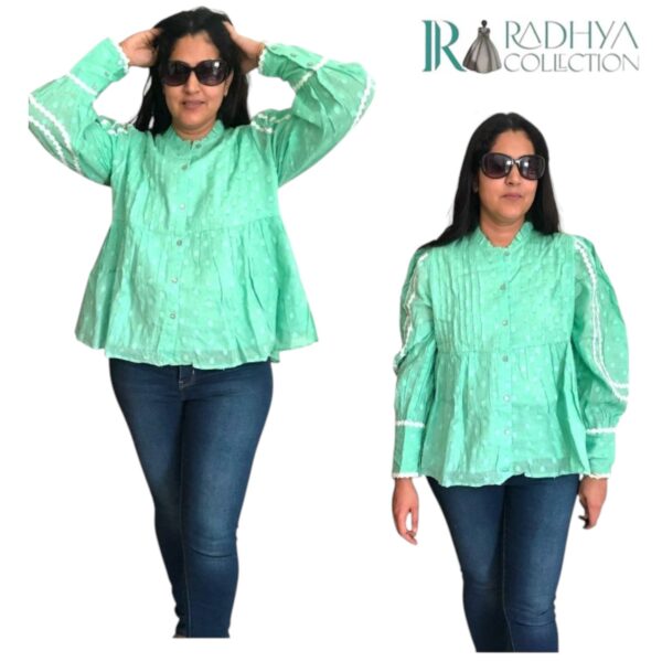 mint mist cotton top – pintuck elegance with lace detail