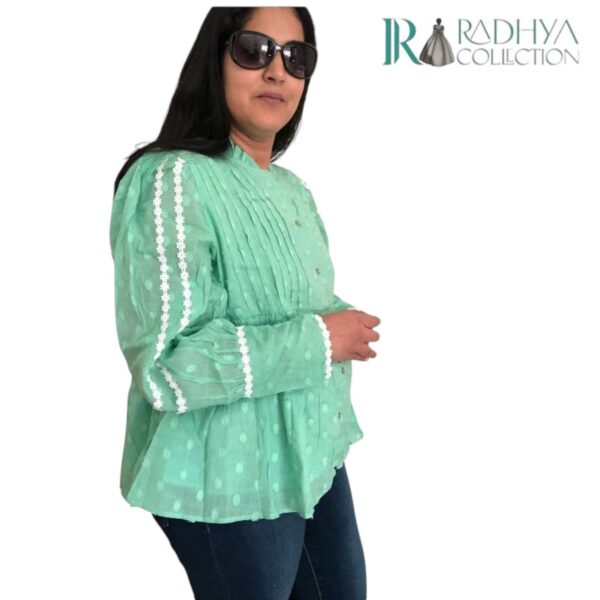 mint mist cotton top – pintuck elegance with lace detail