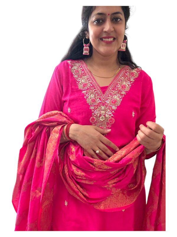 magenta silk suit with banarasi dupatta