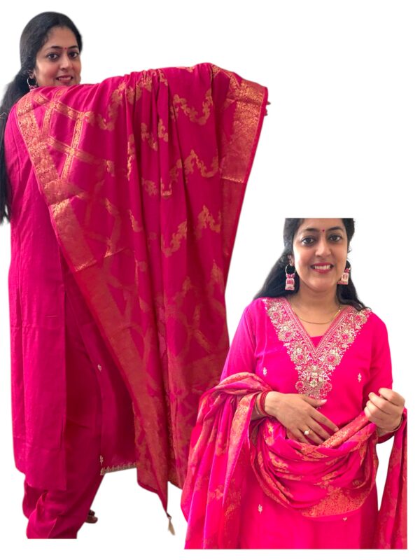 magenta silk suit with banarasi dupatta