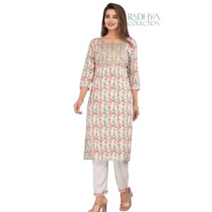 gulbadan white floral rayon suit set – 2 piece