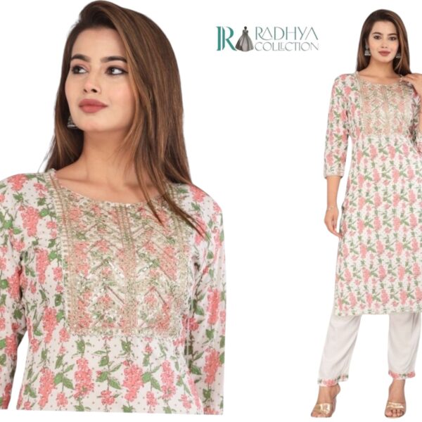 gulbadan white floral rayon suit set – 2 piece