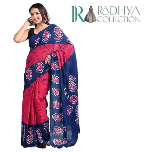 royal pink & blue cotton mulmul saree