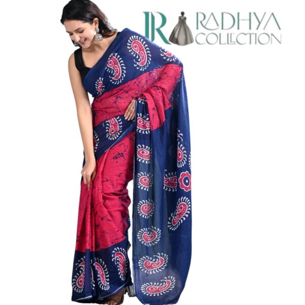 royal pink & blue cotton mulmul saree