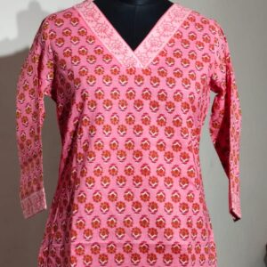 pink floral handblock cotton top