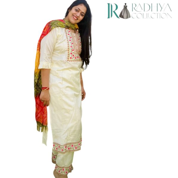 sky blue embroidered silk suit set with bandhani dupatta (3 piece)
