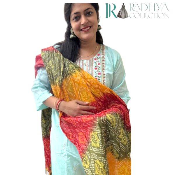 sky blue embroidered silk suit set with bandhani dupatta (3 piece)