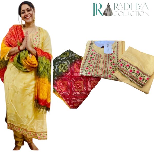 sky blue embroidered silk suit set with bandhani dupatta (3 piece)