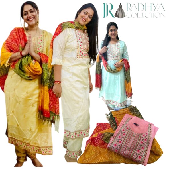 sky blue embroidered silk suit set with bandhani dupatta (3 piece)