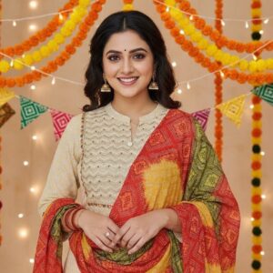 Festive Beige Embroidered Kurta with Multicolor Bandhani Dupatta