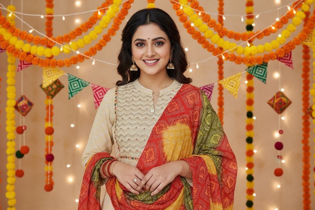 Festive Beige Embroidered Kurta with Multicolor Bandhani Dupatta