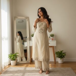 Elegant Cream Embroidered Kurta Set