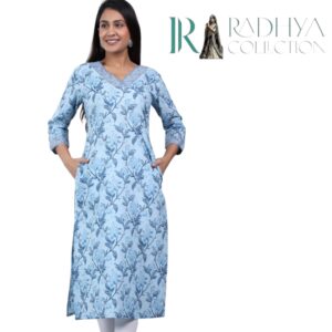 sky blue floral cotton kurti with side pockets