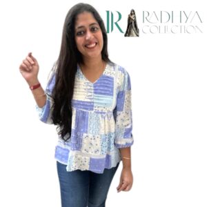 blue & white patchwork pleated top