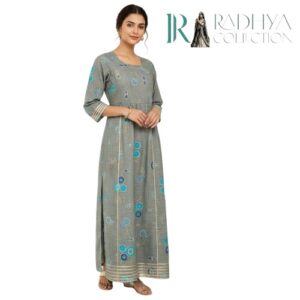 Blue Grey Jaal Block Printed Cotton Maxi Gown