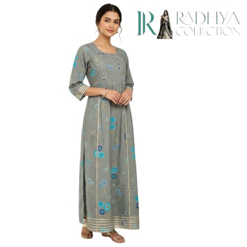 Blue Grey Jaal Block Printed Cotton Maxi Gown