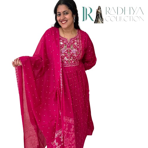 Magenta Embroidered 60-60 Cotton Suit Set - Image 2