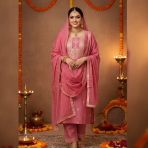 Pink Silk Embroidered Festive Kurti Suit with Dupatta for Karva Chauth