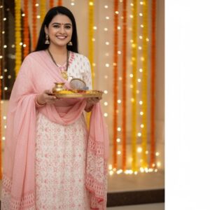 Pink Cotton Embroidered Kurti Suit for Karva Chauth – Festive