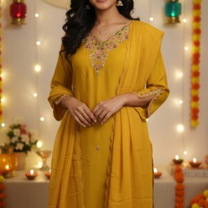 Mustard Yellow Embroidered Silk Suit Set | S-XL