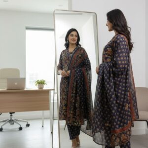 Navy Blue Floral Handblock Kurta